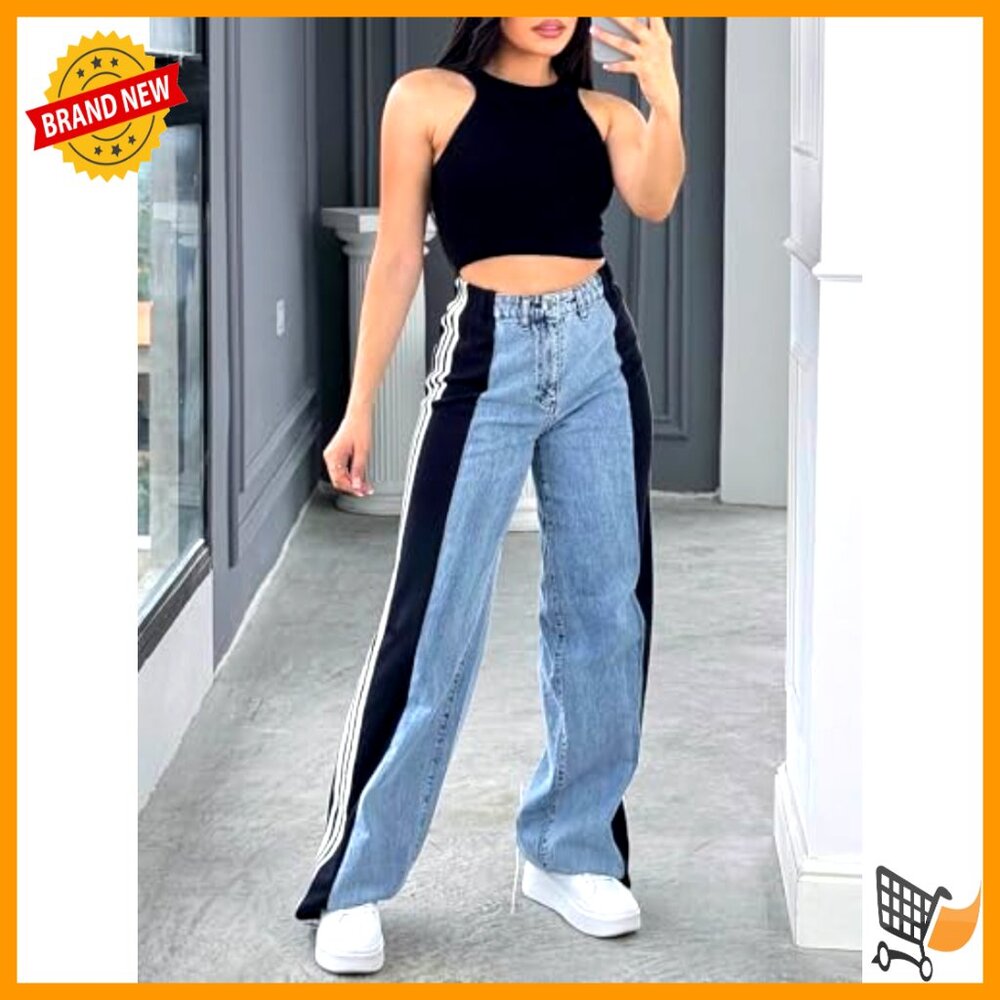 High Waisted Stretchy Denim Patchwork Stripes Str… - image 6